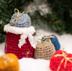 crochet Christmas gifts and Santa's gift bag