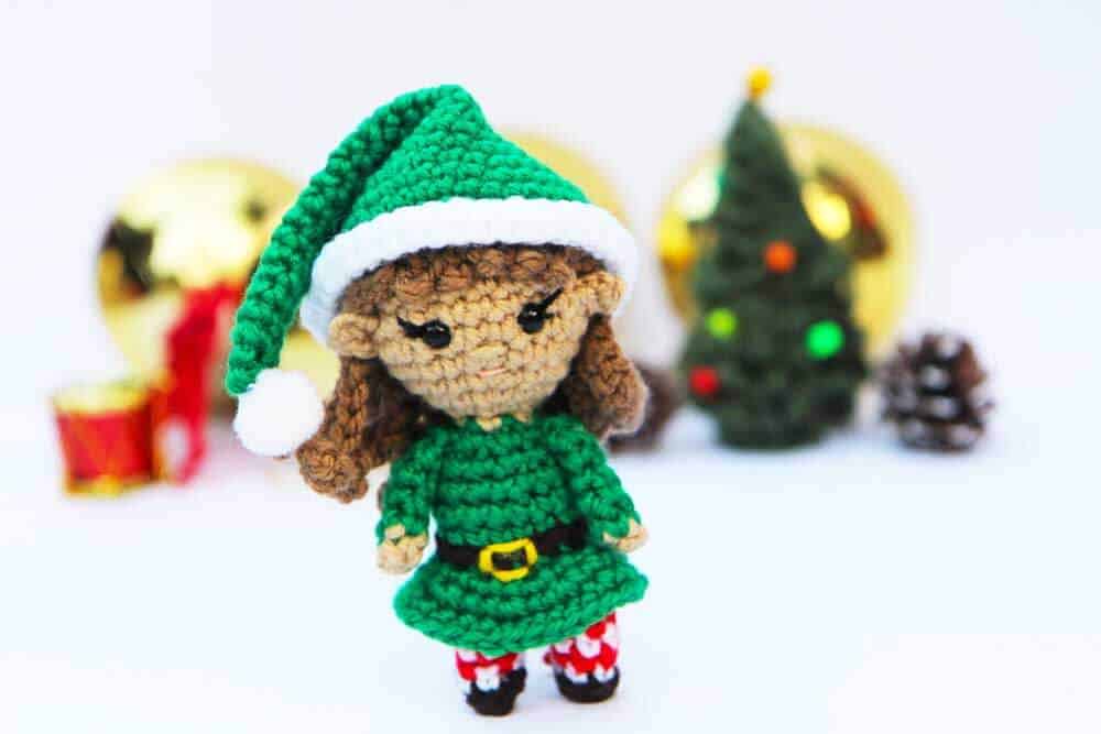 Christmas Crochet Elf with green dress and hat