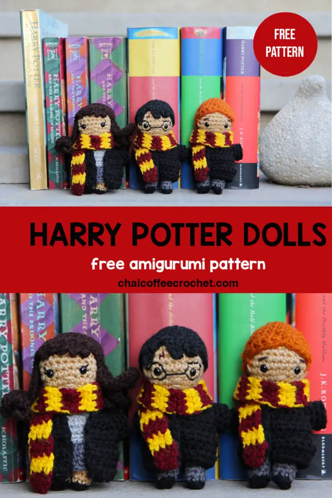 crochet Hermione Granger mini doll, crochet Harry Potter mini doll, and crochet Ron weasley mini doll standing against Harry Potter books