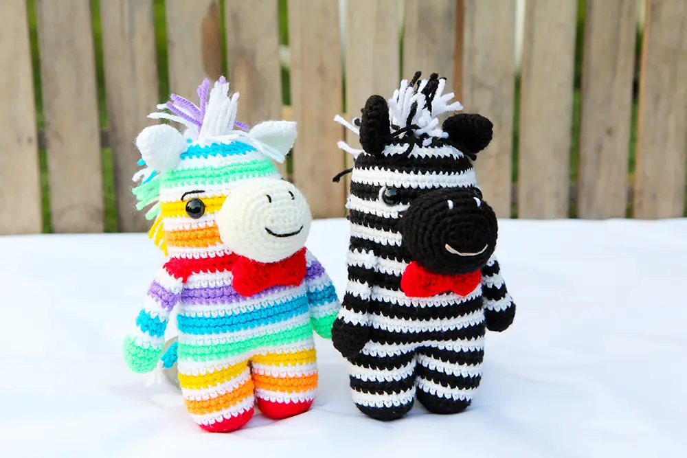 amigurumi rainbow zebra and black and white zebra