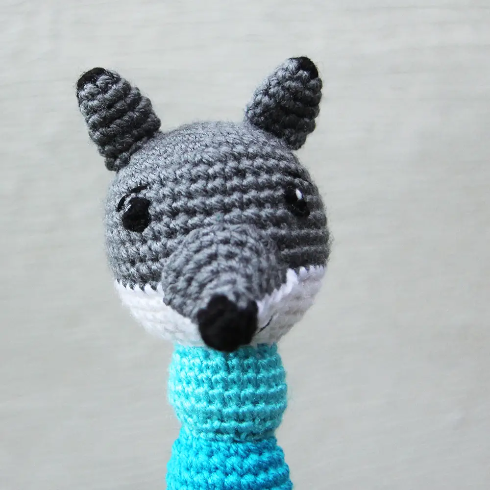 crochet wolf rattle up close