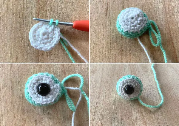 step by step photo tutorial on how to crochet the frog eyes