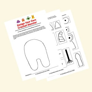 A picture showing the Design Your Own Crochet Monster worksheet. The first page has the body of the monster and the other two pages have the different monster body parts. 