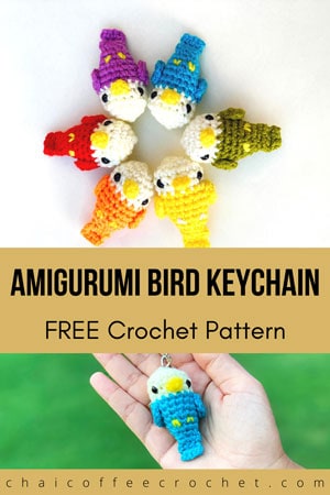 Colourful small crochet birds in a circle above and a tiny bird crochet keychain in a hand below. The text says Amigurumi bird keychain free crochet pattern