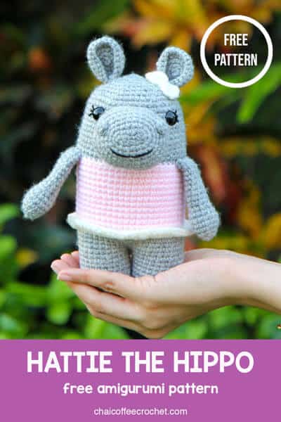 Hippo in pink dress with box. Text says "Hattie the Hippo free amigurumi pattern"