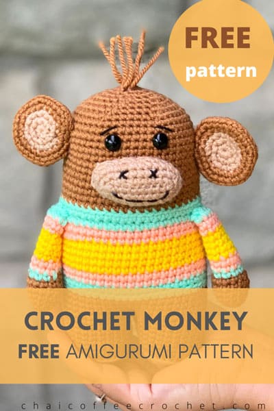 Crochet monkey wearing a striped shirt. The text says "Crochet Monkey free amigurumi pattern"