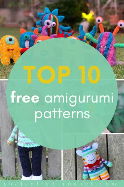amigurumi patterns in a grid. Text overlay says "top 10 free amigurumi patterns"