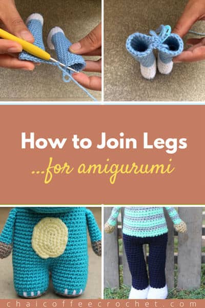 image of legs being crocheted together. Text says "how to join legs for amigurumi"