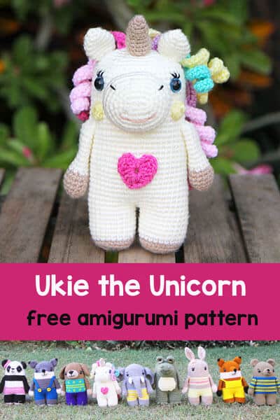 crochet unicorn with a colourful mane. The text overlays sayd "Ukie the Unicorn free amigurumi pattern"