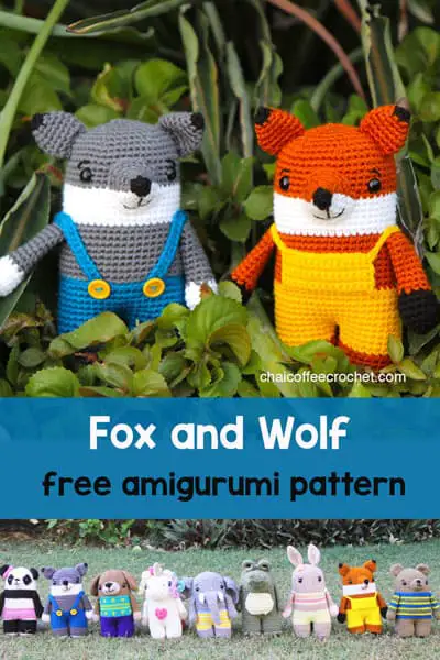 a crochet fox and a crochet wolf with a number of crochet animals below. the text overlay says "fox and wolf free amigurumi pattern"