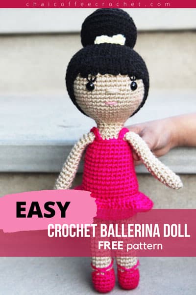 Crochet ballerina doll with a pink dress and hair bun. The text overlay says " Easy Crochet ballerina doll free pattern"