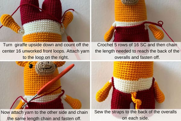step by step photo tutorial on how to crochet overalls for your giraffe