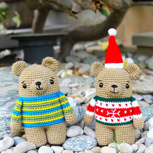 crochet bear with a sweater and a amigurumi bear with a Christmas sweater and hat