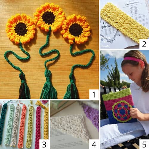 collage of crochet bookmarks and book covers for teachers - sunflower bookmark, yellow lacy bookmark, five think flowery bookmarks, lacy crochet corner bookmark, and crochet book cover