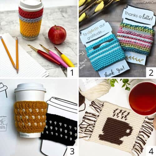 collage of crochet coffee cozis for teachers - pencil cup cozy, cup cozies with printable labels, crochet cups with cup cozies, and a crochet coffee rug