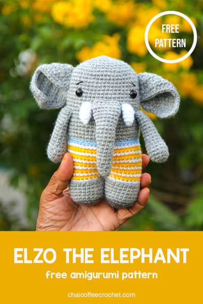 crochet elephant. Text overlay says elzo the elephant free amigurumi pattern