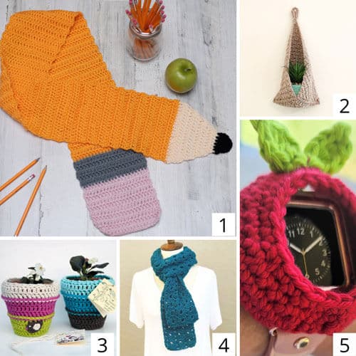 collage of crochet home decor and wearable gifts for teachers - a pencil scarf, a hanging basket, plant pot cozies, a scarf, and an apple watch cover