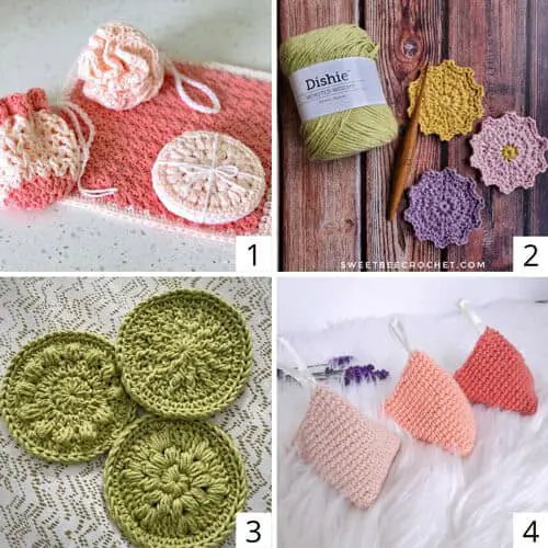 collage of self care crochet gifts for teachers - a spa set, flower face scrubbies, reusable face pads, and lavender bags