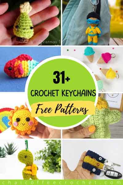 a collage of various crochet keychains. test overlay says 31+ crochet keychains free patterns"