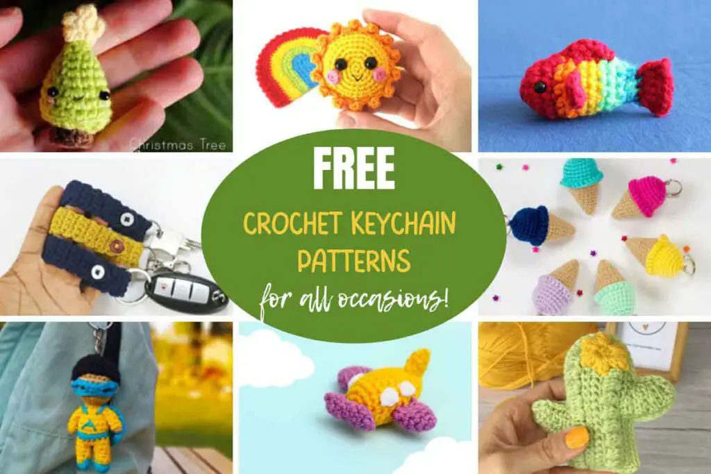 a variety of crochet keychains. The text overlay says "Free Crochet Keychain Patterns for All Occasions"