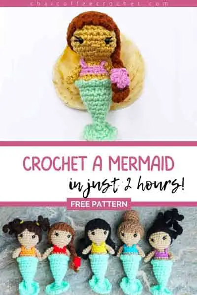 small crochet mermaids. The text overlay says "crochet a mermaid in just 2 hours!"
