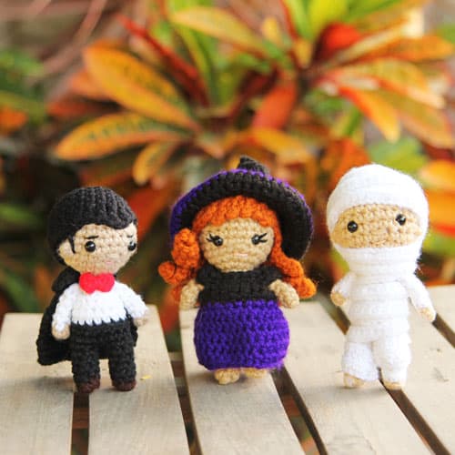 Small crochet vampire, crochet witch, and crochet mummy dolls for Halloween