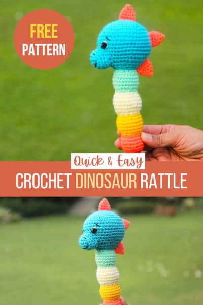 blue crochet dinosaur baby rattle. The text overlay says quick and easy crochet dinosaur rattle free pattern