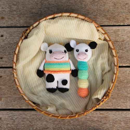 crochet cow stuffed toy and crochet cow baby rattle