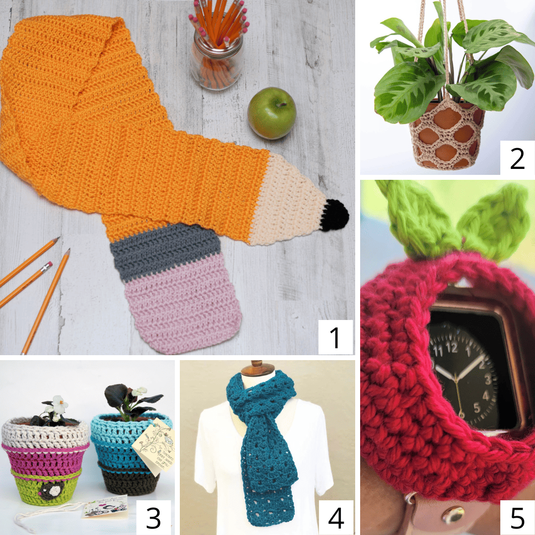 a collage of crochet teacher gifts including a crocheted pencil scarf, a crocheted plant hanger, a plant holder, crochet scarf, and an apple shaped watch cover