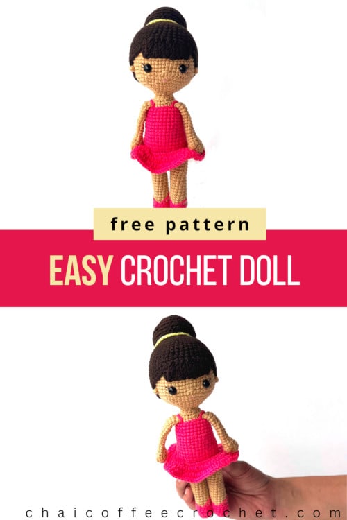 Crochet ballerina doll. Text overlay says Easy crochet doll free pattern.