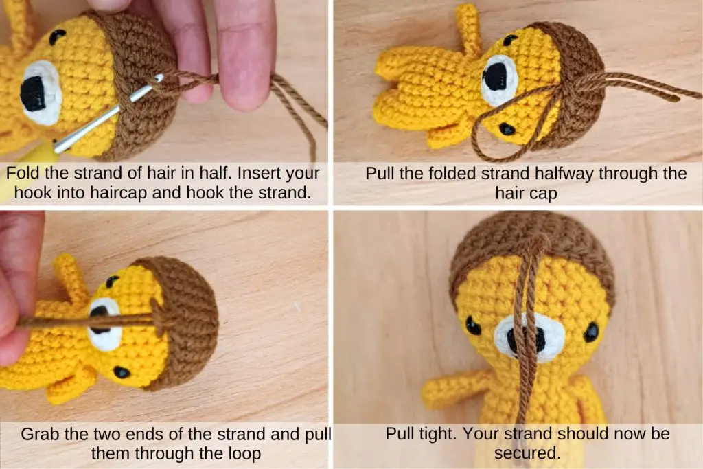 step by step photo tutorial on how to latch the hair onto the lion
