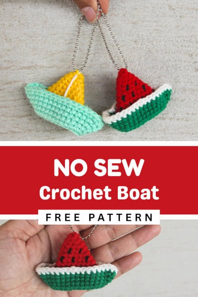 Text overlay says no sew crochet boat free pattern. There are two crochet boats in the photo, one which looks like a watermelon in design