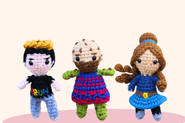 three crochet dolls based on the designs on the previous worksheet